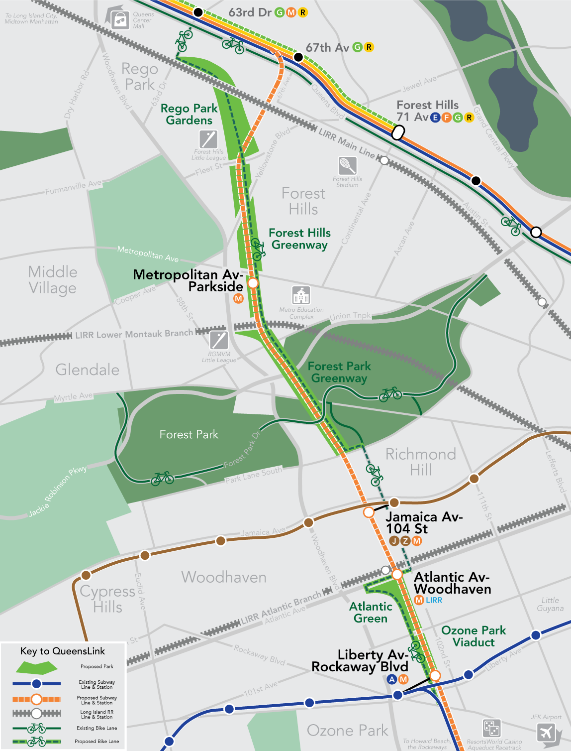 Map of the QueensLink right-of-way between Queens Blvd and Ozone Park.