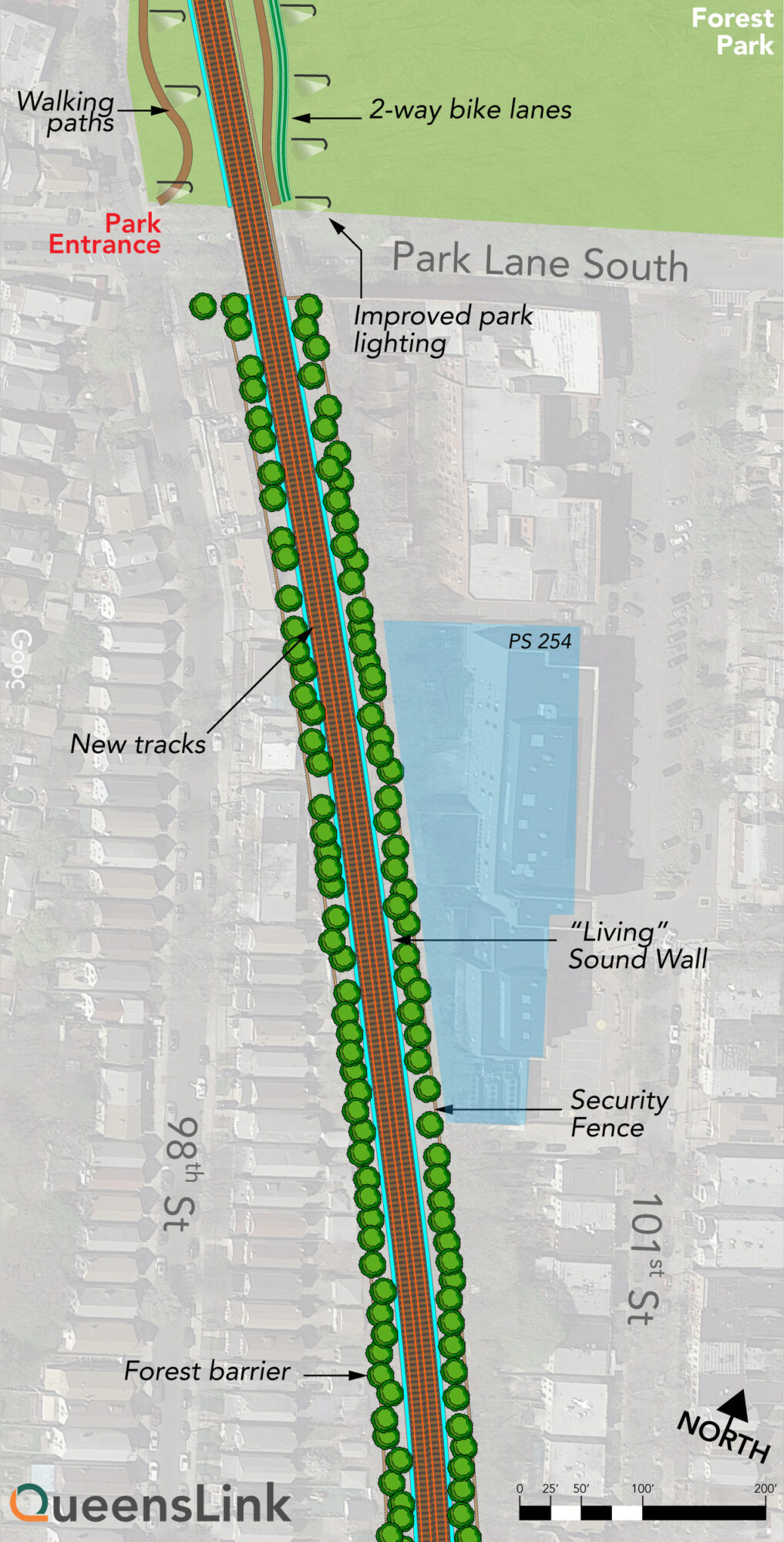 Site plan of between Park Lane South and Jamaica Ave, with sounds walls and natural shielding.