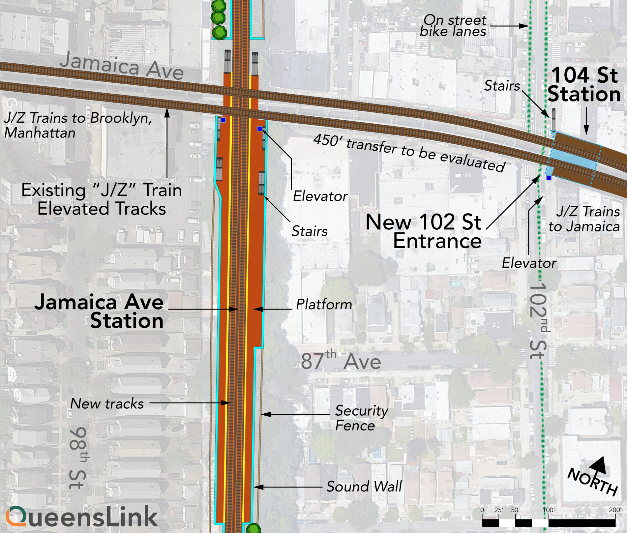 Site plan of Jamaica Ave station and new 102nd St entrance.