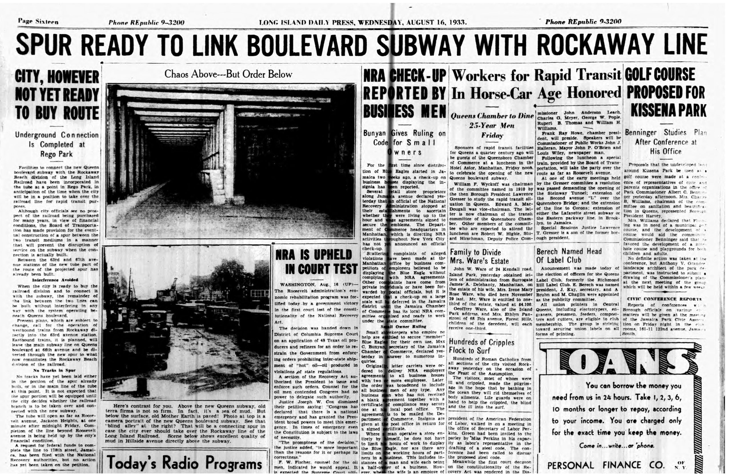 "Spur Ready to Link Boulevard Subway with Rockaway Line", Long Island Daily Press, 08/16/1933