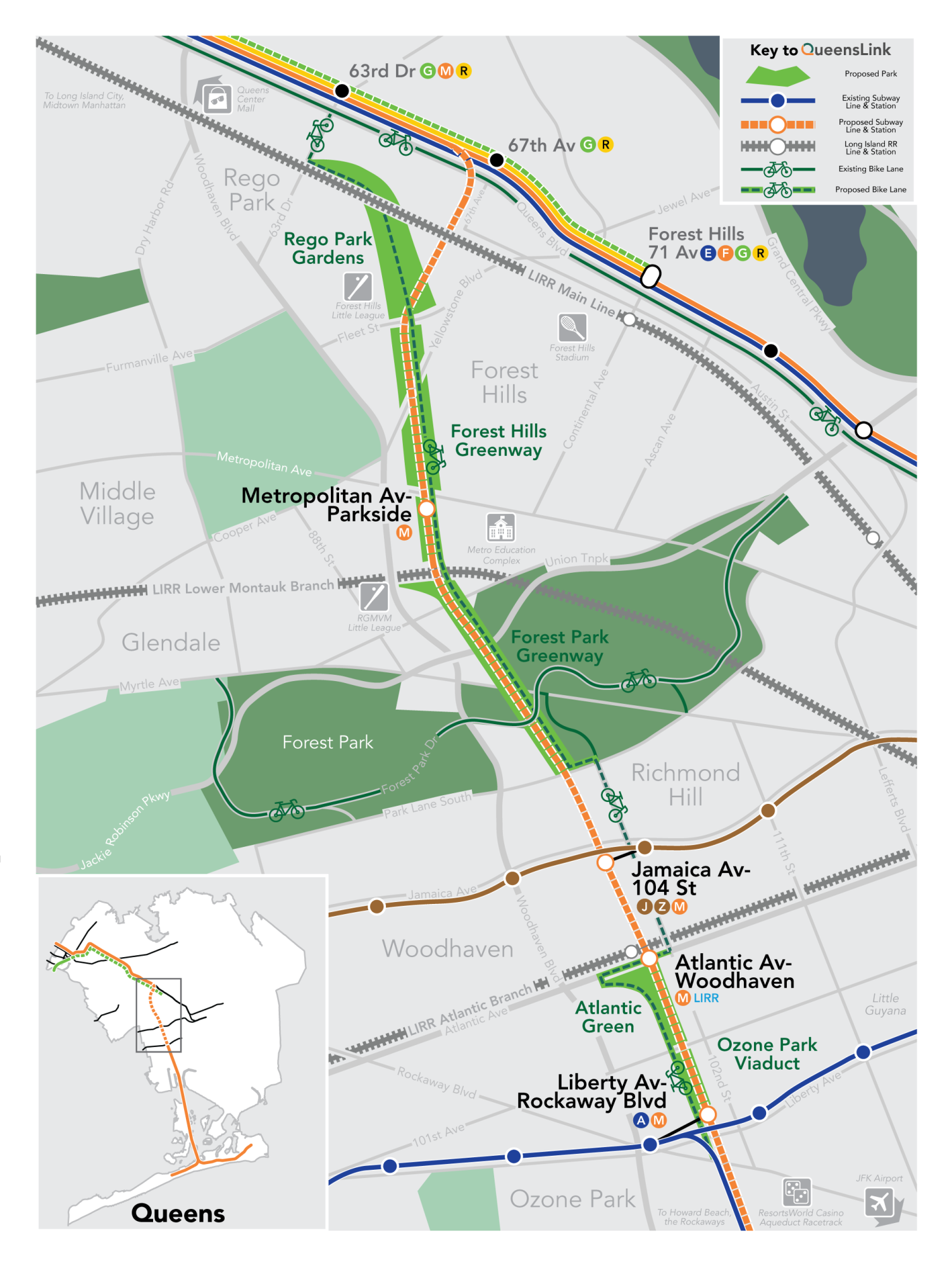 Map of the QueensLink right-of-way between Queens Blvd and Ozone Park.
