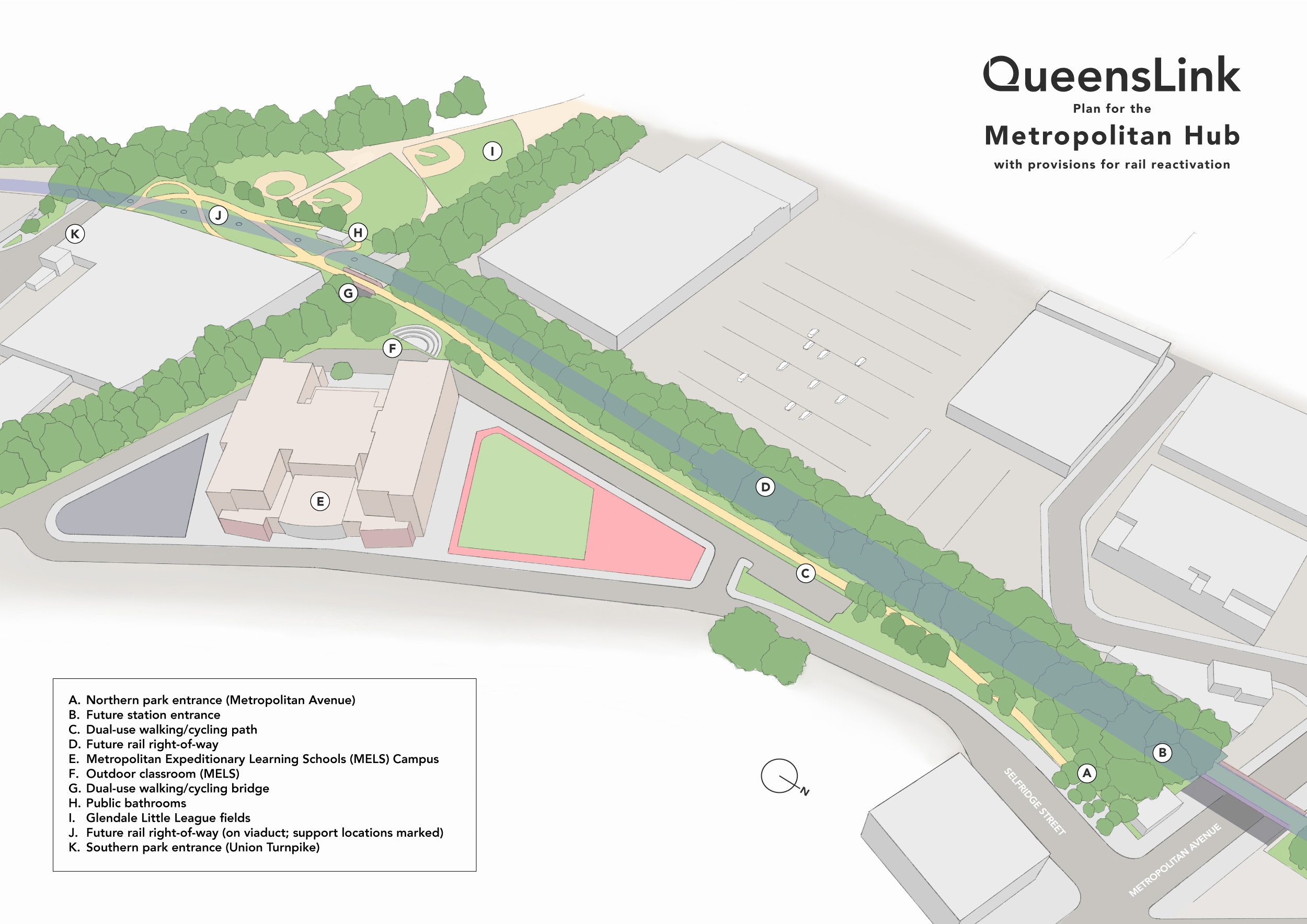Our alternative Met Hub design moves the path and new bridge to the side of the embankment, creating a continuous connection over the LIRR tracks while leaving space for future transit.